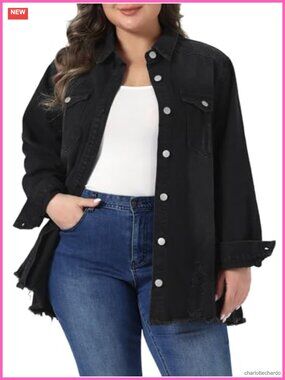 Plus Size Denim Jacket Oversized Ripped Long Sleeve Button Down